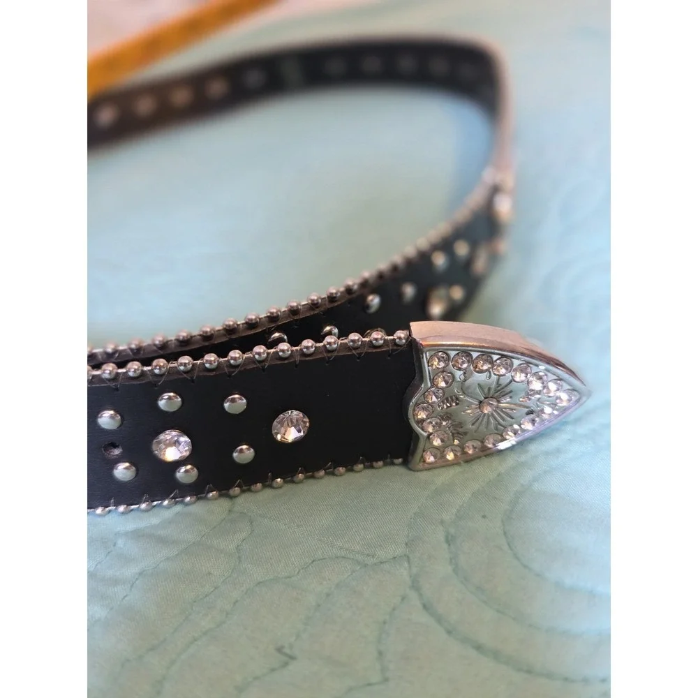 Women's Black Cross Rhinestone Western Motorcycle Bling Leather‎ Belt